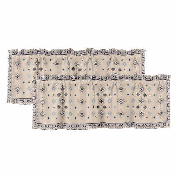 Boho Geometric Curtain Valances for Windows, Kitchen Valance Window Treatments Panel 2 Pack, Retro Rustic Chic Ethnic Abstract Patterned Rod Pocket Short Curtains for Bathroom Bedroom 42 x 12 Inch