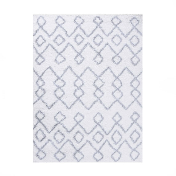 Boho Geometric Diamonds Plush Shag Indoor Area Rug, Grey/Cream, 4' x 6'