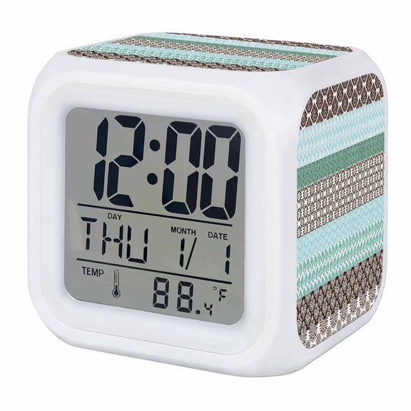 Boho Geometric Digital Alarm Clock for Bedrooms, Smart LED Alarm Clock with 7 Color Changing Night Light, Turquoise Green Brown Tribal Stripes Silent Wake Up Clocks for Sleep Study Cooking 3.2"x3.2"