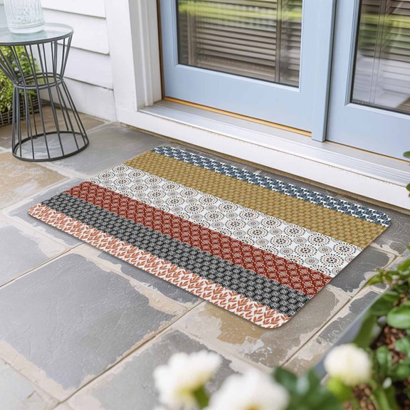 Boho Geometric Door Mat Indoor Outdoor, Bohemian Stripes Aztec Tribe Vintage Non Slip Welcome Mat with Rubber Backing, Absorbent Fabric Front Door Mats Entryway Rug for Home Patio Entrance 16"x24"