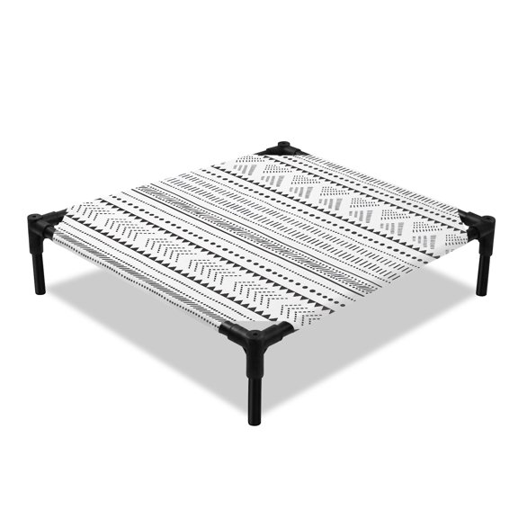 Boho Geometric Elevated Dog Bed, Bohemian Abstract Art Tribal Black White Cooling Breathable Outdoor Raised Dog Cot Bed with Metal Frame Non-Slip Feet for Small Dog 20x20in