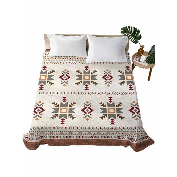 Boho Geometric Flat Sheet Only Twin Size, Soft Breathable Bed Top Sheets for Mattress, Modern Brown Abstract Art Western Southwest Luxury Bedding Flat Sheets for Home Hotel Bedroom Bed Protection