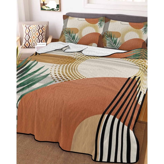 Boho Geometric Full Size Down Alternative Comforter, Lightweight Comforter Quilt Bedding Set with Pillow Shams Farmhouse Orange Abstract Leaves Stripes All Seasons Bed Comforter Duvet Insert 78"x90"