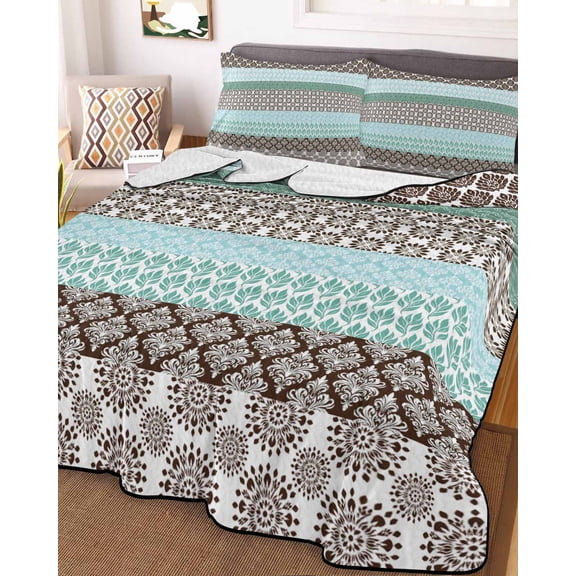 Boho Geometric Full Size Down Alternative Comforter, Lightweight Comforter Quilt Bedding Set with Pillow Shams Turquoise Green Brown Tribal Stripes All Seasons Bed Comforter Duvet Insert 78"x90"