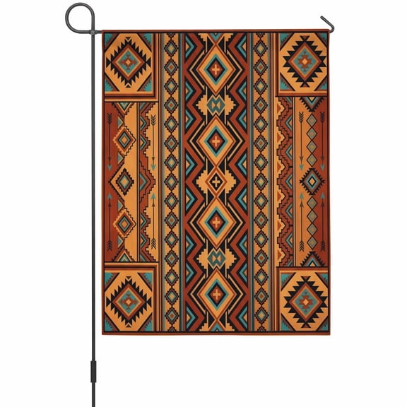 Boho Geometric Garden Flag 12 x 18 Inches, Retro Tribal Ethnic Grid Brown Orange Aztec Weather Proof Outdoor Patio Flags Double Sided Small Garden Decoration for Yard Outside Home
