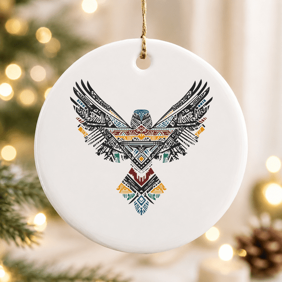 Boho Geometric Hawk Bohemian Bird Art Ethnic Native Tribal Christmas Ornament, Holiday Keepsake Gift, Ceramic Ornament