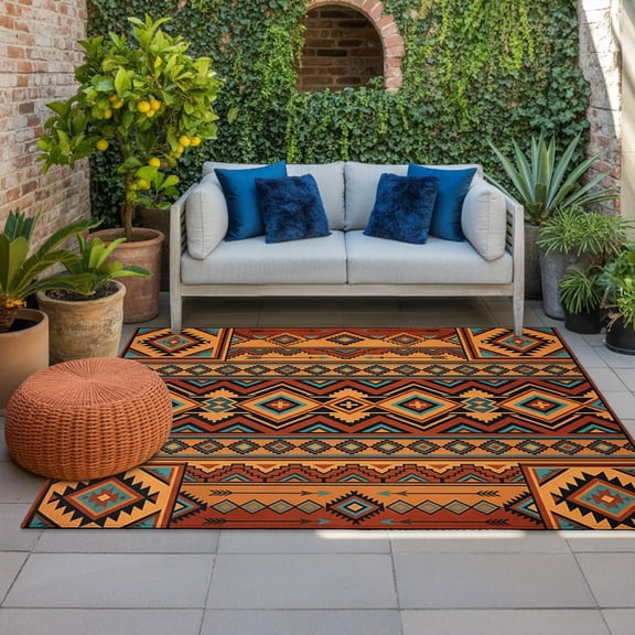 Boho Geometric Indoor Outdoor Rugs 3x5 Ft, Retro Tribal Ethnic Grid Brown Orange Aztec Outdoor Patio Rugs Mat Washable Outside Area Rugs Carpet for Porch Deck RV Camping Pool Balcony Backyard