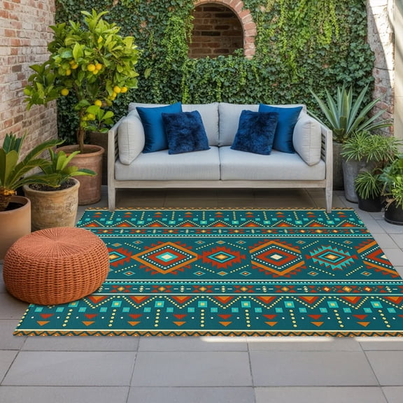 Boho Geometric Indoor Outdoor Rugs 5x8 Ft, Retro Tribal Ethnic Grid Teal Orange Aztec Outdoor Patio Rugs Mat Washable Outside Area Rugs Carpet for Porch Deck RV Camping Pool Balcony Backyard