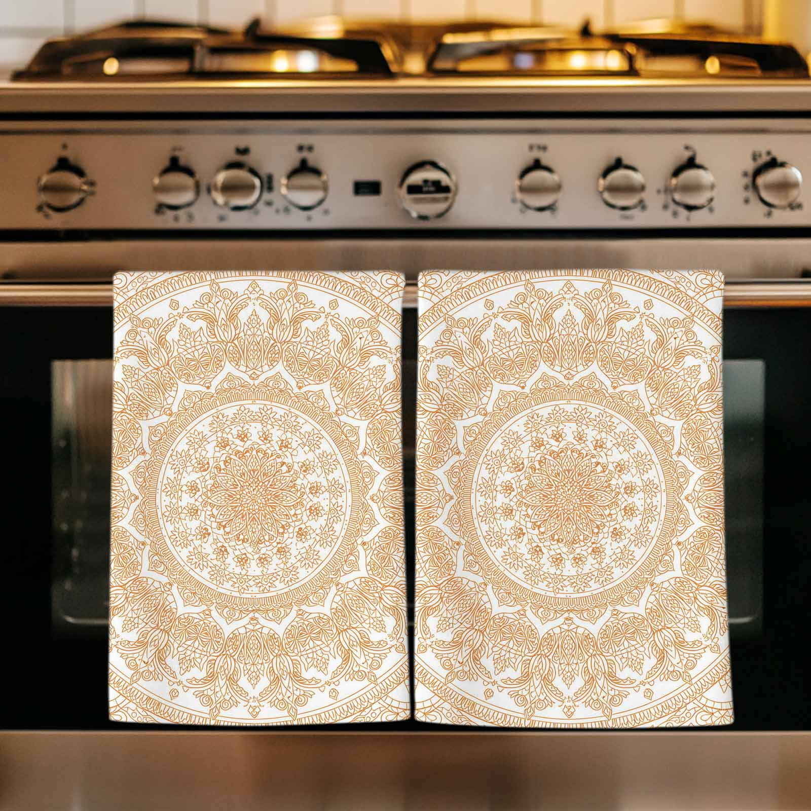 Boho Geometric Kitchen Towels Set of 2, Ethnic Bohemian Farmhouse Art Motifs Absorbent Dish Towels for Kitchen, Microfiber Hand Towel, Quick Drying Tea Towel for Cleaning Decorative Dishcloths