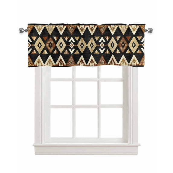 Boho Geometric Kitchen Valances for Windows Farmhouse Linen Window Valance Curtain for Living Room Window Treatment Vintage Abstract Ethnic Tribal Valance Rod Pocket Topper Drape, 42 x 12 Inch