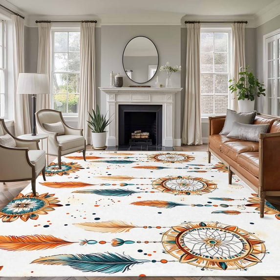 Boho Geometric Large Area Rug 8x10 FT, Non Slip Living Room Throw Carpet, Ethnic Feathers Patterns Retro Farmhouse Washable Soft Indoor Outdoor Carpet Non-Shedding Rug for Bedroom Dining Room