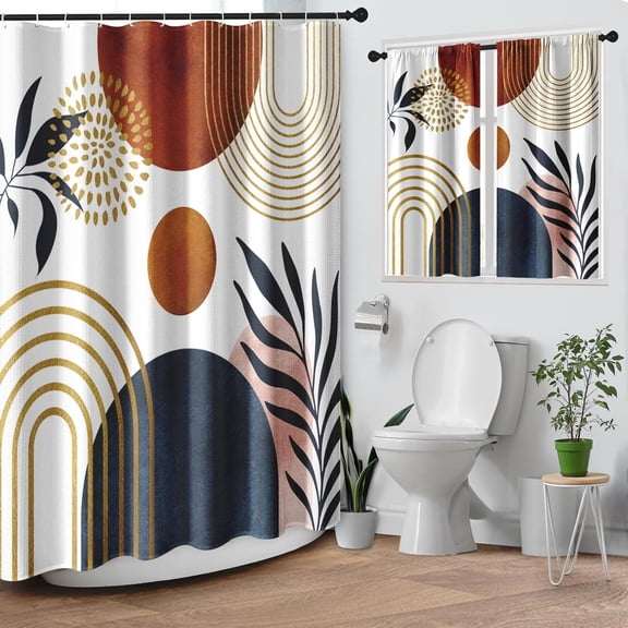 Boho Geometric Leaf Shower Curtain Set, Mid Century Sun Bohemian Bathroom Window Waffle Textured Cloth Waterproof Shower Curtains for Bathroom Decor