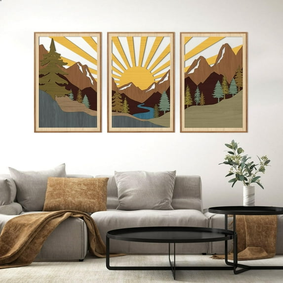 Boho Geometric Mountain Landscape Wall Art Set of 3, 16x24 Wooden Laser Cut Decor for Bedroom Living Room