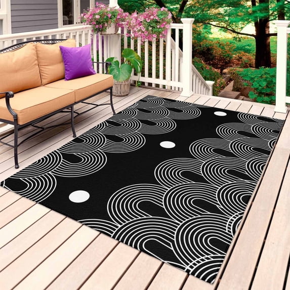 Boho Geometric Outdoor Rug 5x7 Ft, Non Slip Washable Area Rug, Modern Abstract Sun Lines Black Patio Rugs Carpet Runner, Large Floor Mat for Indoor/Outdoor Deck Porch Camping
