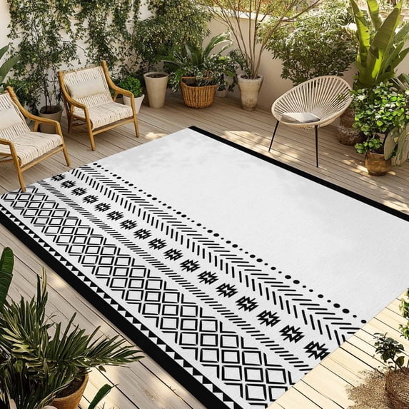 Boho Geometric Outdoor Rug for Patio/Deck/Porch, Non-Slip Large Area Rug 3 x 5 Ft, Abstract Art Vintage Striped Aesthetics Indoor Outdoor Rugs Washable Area Rugs, Reversible Camping Rug Carpet Runner