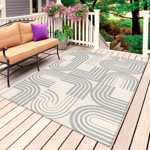 Boho Geometric Outdoor Rug for Patio/Deck/Porch, Non-Slip Large Area Rug 5 x 7 Ft, Abstract Grey Stripes Curved Lines Modern Indoor Outdoor Rugs Washable Area Rugs, Camping Rug Carpet Runner