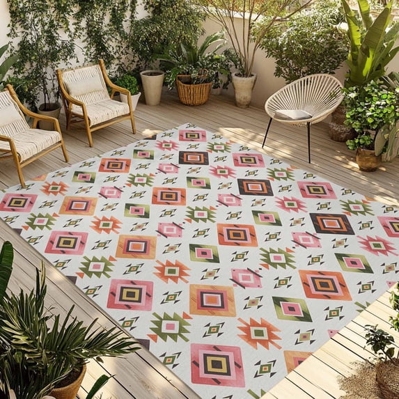 Boho Geometric Outdoor Rug for Patio/Deck/Porch, Non-Slip Large Area Rug 5 x 7 Ft, Modern Abstract Art Ethnic Rhombus Indoor Outdoor Rugs Washable Area Rugs, Reversible Camping Rug Carpet Runner