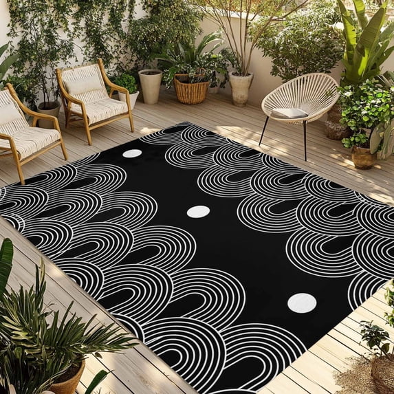 Boho Geometric Outdoor Rug for Patio/Deck/Porch, Non-Slip Large Area Rug 6 x 9 Ft, Modern Abstract Sun Lines Black Indoor Outdoor Rugs Washable Area Rugs, Reversible Camping Rug Carpet Runner
