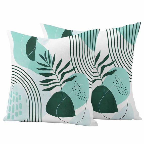 Boho Geometric Outdoor Waterproof Pillow Covers, Aqua Ethnic Abstract Stripes Leaves Decorative Square Throw Pillowcase Sofa Cushion Sham for Patio/Couch/Chair, 16"x16" 2 Pack