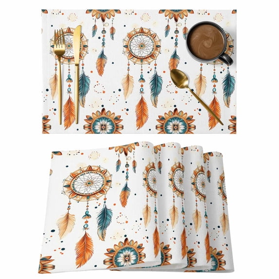 Boho Geometric Placemats Set of 6 Ethnic Feathers Patterns Retro Farmhouse Place Mats Indoor Wipeable Table Mats Washable Cloth Dining Table Placemats for Kitchen Holiday Party Home Decor 13x19 Inch