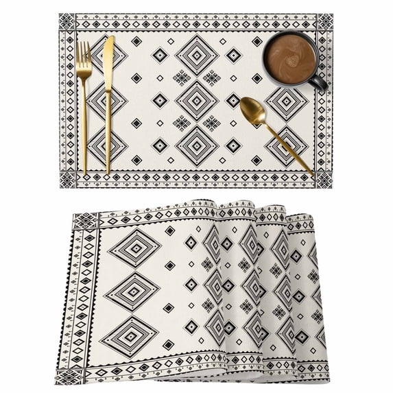 Boho Geometric Placemats Set of 6, Simple Farmhouse Nation Abstract Motifs Placemats for Dining Table, Place Mats for Kitchen Tabletop, Waterproof Wipeable Dining Table Mats Set