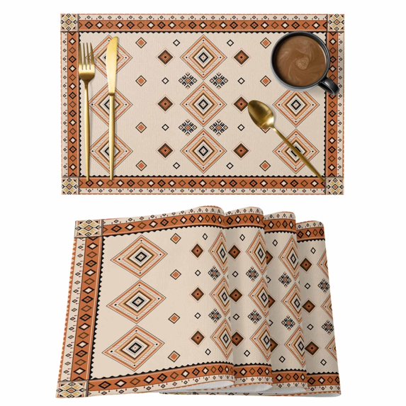 Boho Geometric Placemats Set of 8, Country Ethnic Nation Abstract Motifs Placemats for Dining Table, Place Mats for Kitchen Tabletop, Waterproof Wipeable Dining Table Mats Set