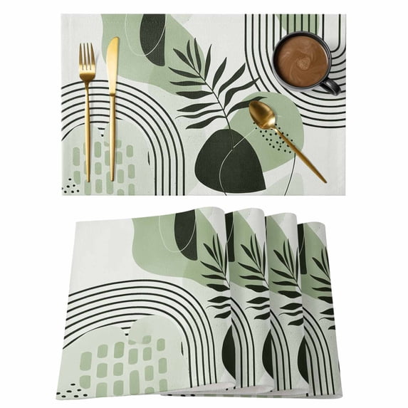 Boho Geometric Placemats Set of 8, Farmhouse Green Abstract Stripes Leaves Placemats for Dining Table, Place Mats for Kitchen Tabletop, Waterproof Wipeable Dining Table Mats Set