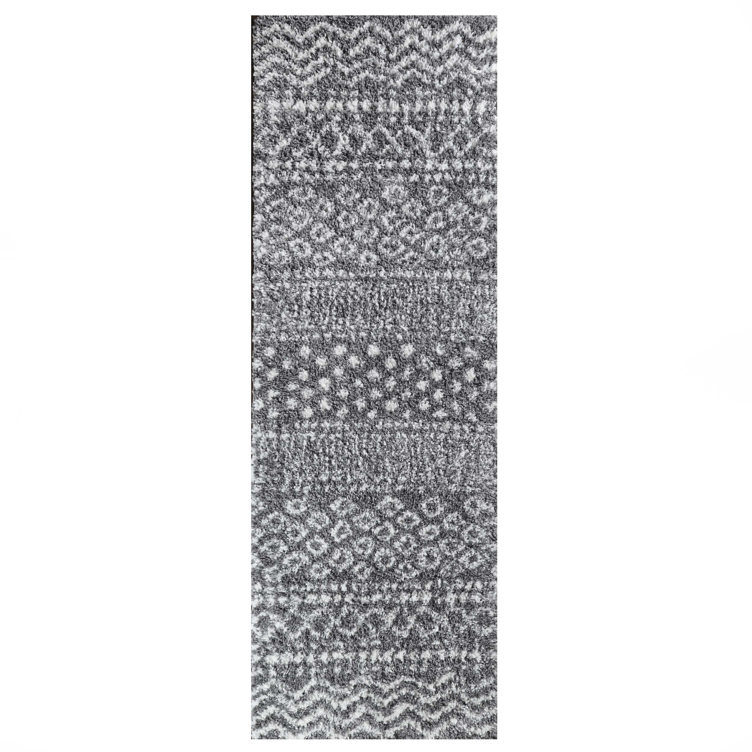 Boho Geometric Plush Shag Indoor Runner Rug, Cream/Black, 2' 7" x 8'