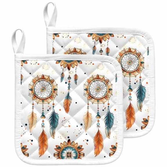 Boho Geometric Pot Holders for Kitchen Heatproof Potholder, 2 Pack Ethnic Feathers Patterns Retro Farmhouse Hot Pads Multipurpose Oven Pads Cloth Potholders Trivet for Cooking and Baking