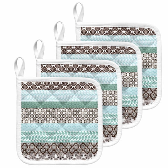 Boho Geometric Pot Holders for Kitchen Heatproof Potholder, 4 Pack Turquoise Green Brown Tribal Stripes Hot Pads Multipurpose Oven Pads Cloth Potholders Trivet for Cooking and Baking