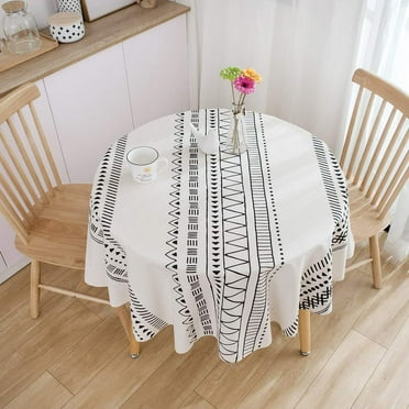 Boho Geometric Print Round Tablecloth Cotton Linen Dust-Proof Table Cover for Kitchen Dinner Table Diameter 60", Black