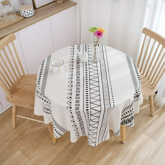 Boho Geometric Print Round Tablecloth Cotton Linen Dust-Proof Table Cover for Kitchen Dinner Table Diameter 60", Black