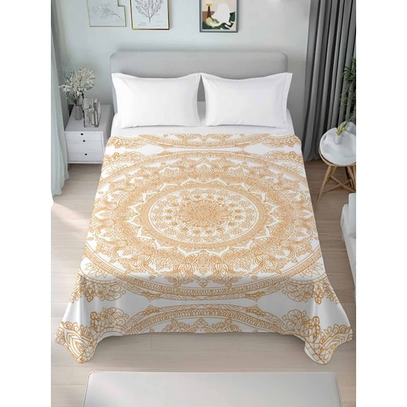 Boho Geometric Queen Size Flat Sheet, Wrinkleproof & Fadeproof Cooling Flat Bed Sheet Only, Ethnic Bohemian Farmhouse Art Motifs Breathable Soft Bedding Top Sheets 90 x 102 Inches