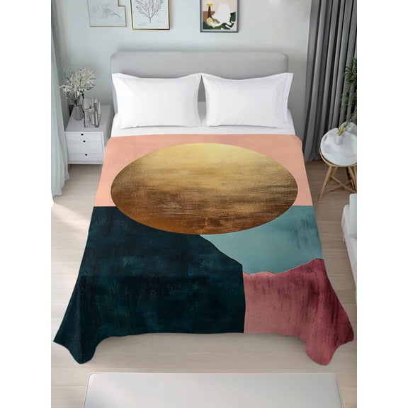 Boho Geometric Queen Size Flat Sheet, Wrinkleproof & Fadeproof Cooling Flat Bed Sheet Only, Modern Abstract Gold Circle Art Breathable Soft Bedding Top Sheets 90 x 102 Inches