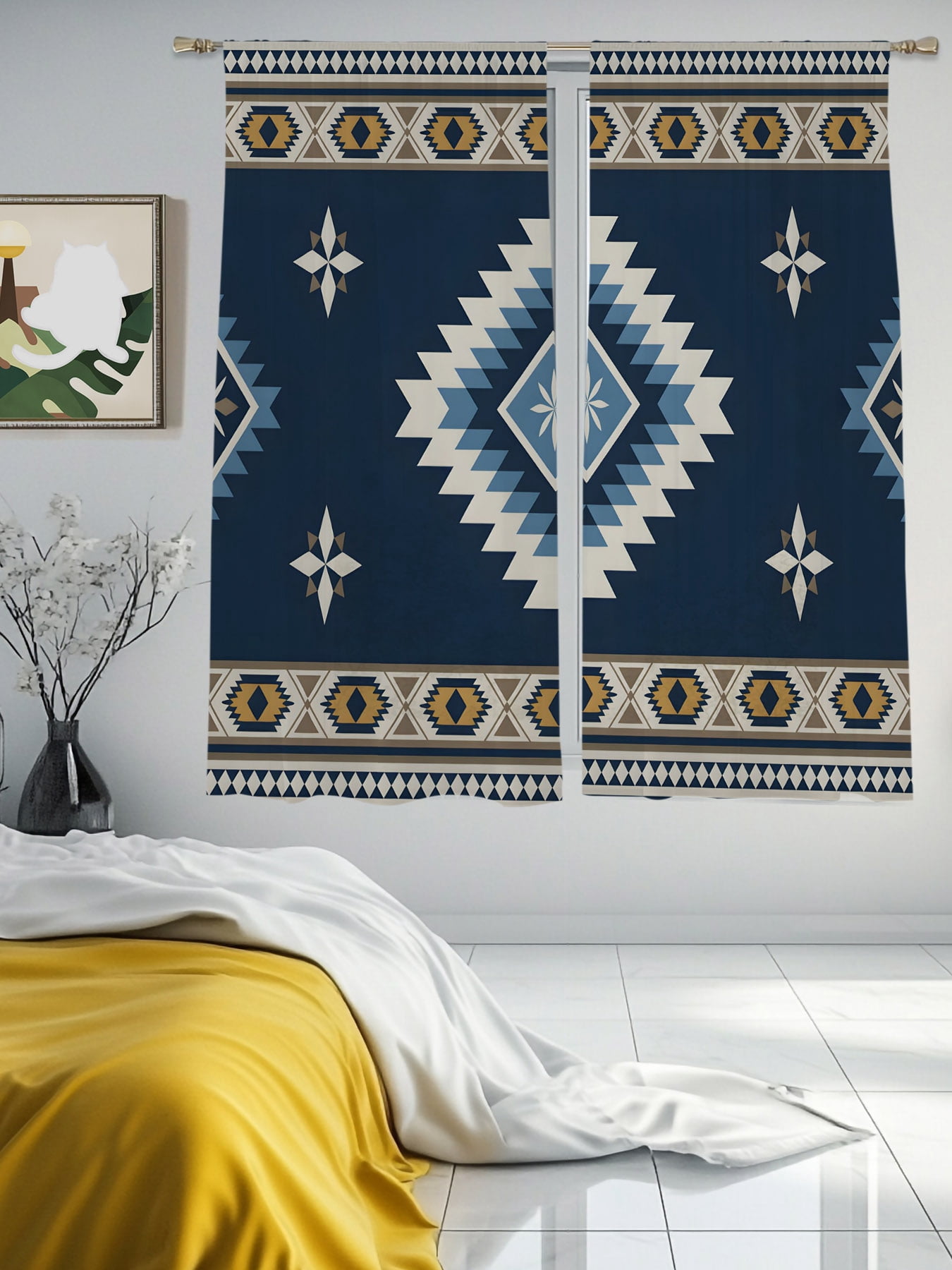Boho Geometric Retro Lines Chiffon Sheer Curtains 63 Inches Long ...