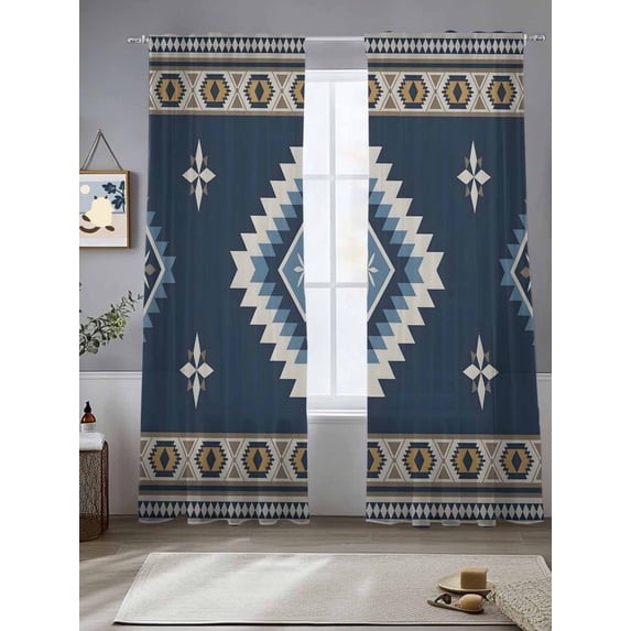 Boho Geometric Retro Lines Chiffon Sheer Curtains 84 Inches Long ...