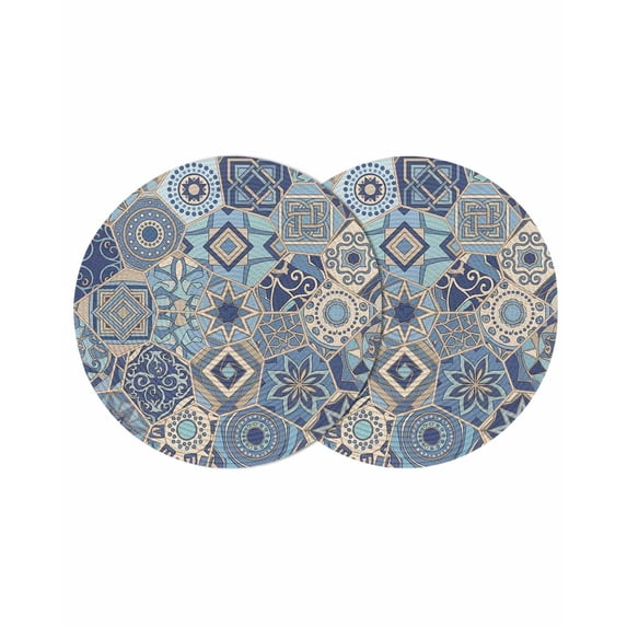 Boho Geometric Round 13 Inch Placemats Set of 2, Country Tribe Abstract Ethnic Aesthetic HeatResistant Non Slip Place Mats for Dining Table, Wipeable Braided Kitchen Table Mats for Housewarming