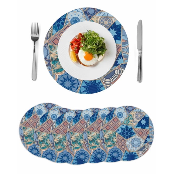 Boho Geometric Round 15 Inch Placemats Set of 6, Southwest Abstract Traditional Art HeatResistant Non Slip Place Mats for Dining Table, Wipeable Braided Kitchen Table Mats for Housewarming