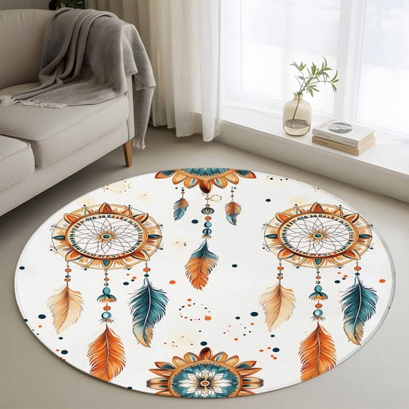 Boho Geometric Round Area Rug 3.3 FT, Non Slip Small Entryway Kitchen Mat, Ethnic Feathers Patterns Retro Farmhouse Washable Soft Circular Rug Non-Shedding Door Mat for Bathroom Playroom Kids Room