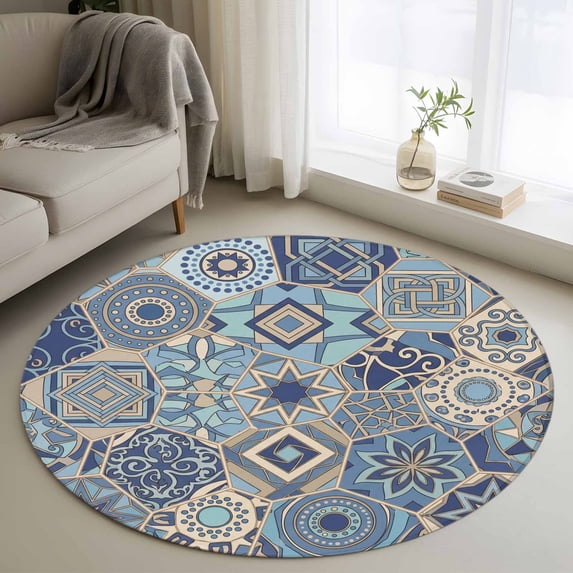 Boho Geometric Round Area Rug 3Ft Washable Small Circle Rugs for Kitchen Entryway, Country Tribe Abstract Ethnic Aesthetic Non-Slip Carpet Floor Mats Indoor Outdoor Carpet Runner Aesthetic Home Decor