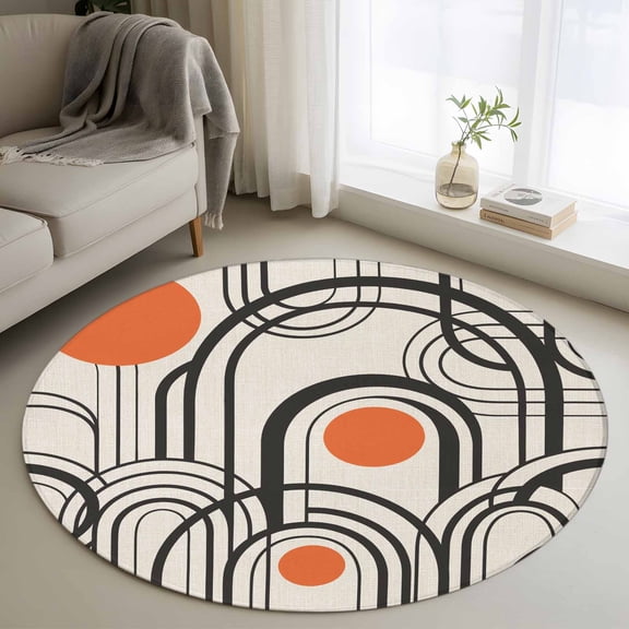 Boho Geometric Round Area Rug 3Ft Washable Small Circle Rugs for Kitchen Entryway, Modern Abstract Orange Sun on Linen Non-Slip Carpet Floor Mats Indoor Outdoor Carpet Runner Aesthetic Home Decor