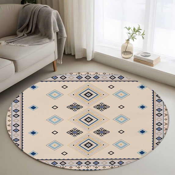 Boho Geometric Round Area Rug 4Ft Washable Circle Rugs for Bedroom Dining Room, Retro Rustic Chic Ethnic Abstract Patterned Non-Slip Carpet Floor Mats Indoor Outdoor Carpet Runner Home Decor