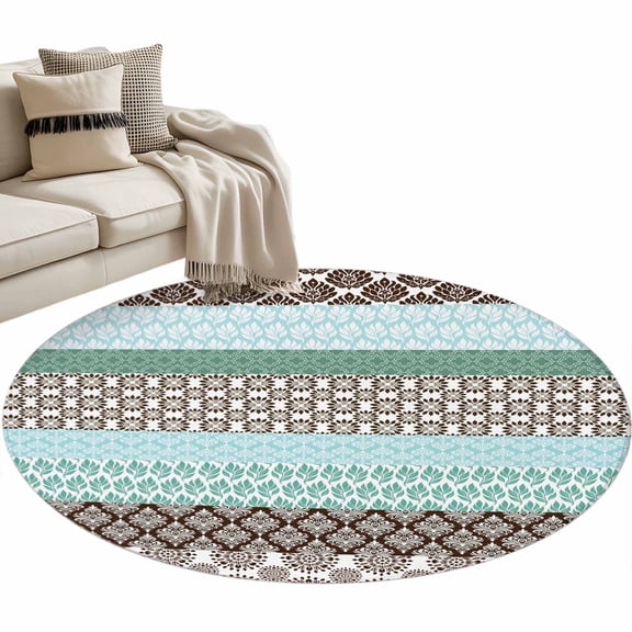 Boho Geometric Round Area Rug 4ft, Turquoise Green Brown Tribal Stripes Washable Non-Slip Circle Rugs for Bedroom Living Room Kitchen, Soft Non Shedding Circle Carpet for Dining Room Dorm