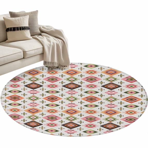 Boho Geometric Round Area Rugs Collection 3', Modern Abstract Art Ethnic Rhombus Non Slip Indoor Circular Throw Runner Rug Floor Mat Carpet for Living Room Dining Table Bedroom Nursery