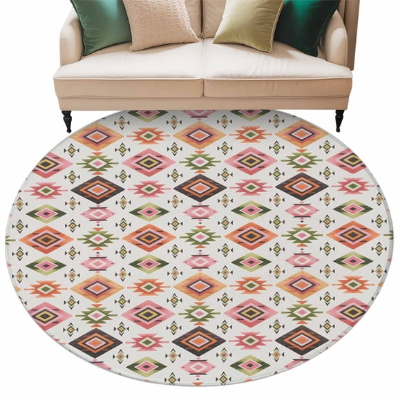 Boho Geometric Round Area Rugs Collection 7', Modern Abstract Art Ethnic Rhombus Non Slip Indoor Circular Throw Runner Rug Floor Mat Carpet for Living Room Dining Table Bedroom Nursery
