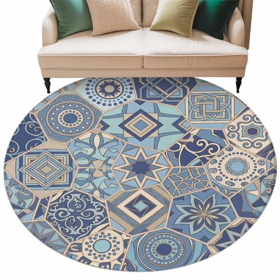 Circular Feature Rug Boho Geometric Round Area Rugs Collection 8', Country Tribe Abstract ...