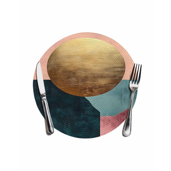 Boho Geometric Round Placemats for Dinning Tables, Heat-proof Braided Table Mats 13 Inch, Modern Abstract Gold Circle Art Washable Place Mat for Kitchen Restaurant Party Decor Supplies Table Setting