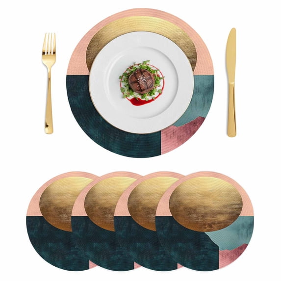 Boho Geometric Round Placemats Set of 4 Modern Abstract Gold Circle Art Place Mats Indoor Woven Table Mats Washable Heat-Resistance Braided Dining Table Placemats for Kitchen Party Decor 13 Inch