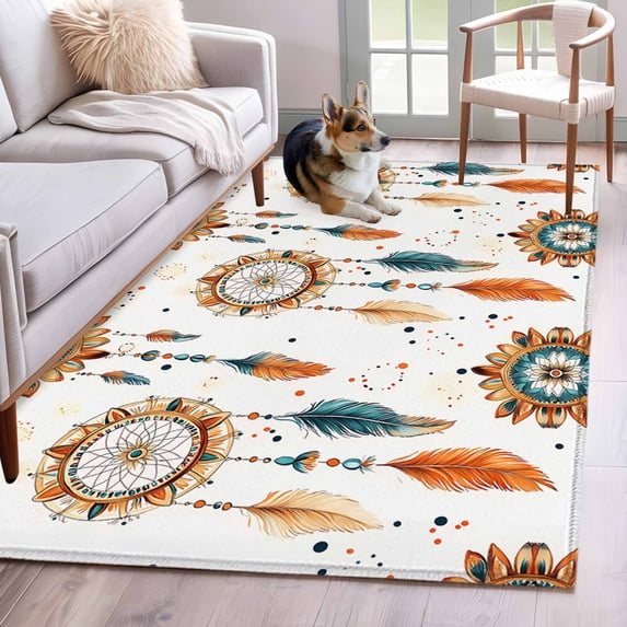 Boho Geometric Runner Rug 2.7x5 FT, Non Slip Entryway Carpet, Ethnic Feathers Patterns Retro Farmhouse Washable Soft Floor Carpet Entrance Mat Non-Shedding Throw Rug for Hallway Laundry Room Bedside