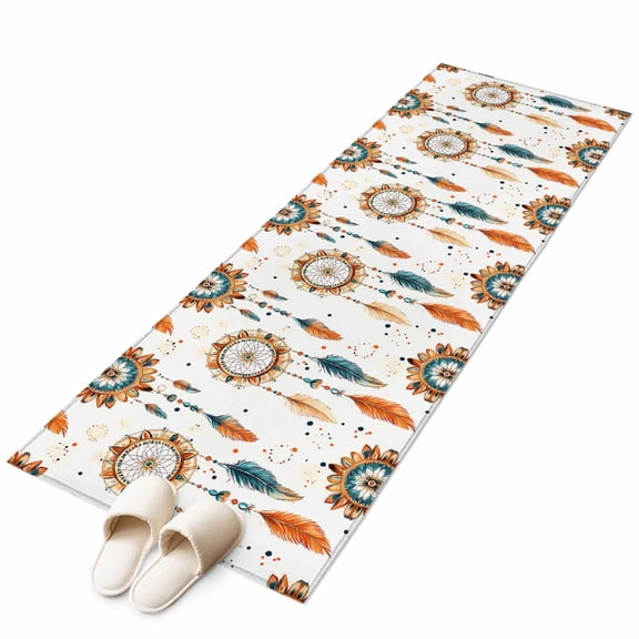Boho Geometric Runner Rug 2x6 FT, Non Slip Hallway Carpet, Ethnic Feathers Patterns Retro Farmhouse Washable Soft Floor Carpet Throw Runner Carpet Long Rug for Entryway Kitchen Bedside Sliding Door
